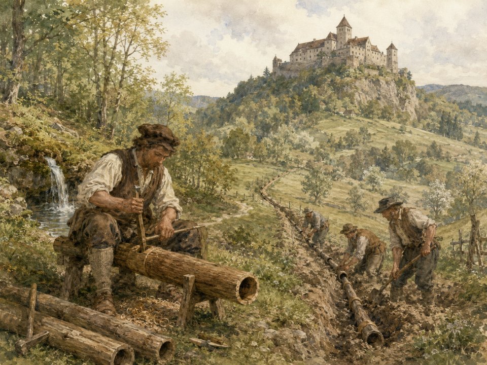Männer in rustikaler Kleidung schnitzen und montieren Holzrohre, um einen Wasserkanal quer durch eine grasbewachsene Landschaft zu bauen; ihre Bemühungen gleichen einem „automatisch gespeicherten Entwurf“ – einem automatisch gespeicherten Entwurf voller Einfallsreichtum und Zusammenarbeit. In der Nähe plätschert ein kleiner Wasserfall, und in der Ferne thront unter einem bewölkten Himmel eine Burg auf einem Hügel. Männer in rustikaler Kleidung schnitzen und montieren Holzrohre, um einen Wasserkanal quer durch eine grasbewachsene Landschaft zu bauen; ihre Bemühungen gleichen einem „automatisch gespeicherten Entwurf“ – einem automatisch gespeicherten Entwurf voller Einfallsreichtum und Zusammenarbeit. In der Nähe plätschert ein kleiner Wasserfall, und in der Ferne thront unter einem bewölkten Himmel eine Burg auf einem Hügel.