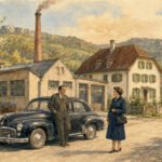 Ein Mann, der die Ruhe der Landschaft verkörpert, lehnt an einem schwarzen Oldtimer, während er sich mit einer Frau in einem blauen Mantel unterhält. Im Hintergrund steht eine alte Fabrik mit einem rauchenden Schornstein – vielleicht gehörte sie einst einem Fabrikanten aus der Gegend – und ein Haus, das eingebettet in die beschauliche Landschaft liegt.