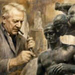 Ein älterer Mann mit grauen Haaren und einer Pfeife formt eine detailreiche männliche Figur – einen Mann, der aus Stein geformt ist –, während sich eine geflügelte Gestalt, die an Seele erinnert, über die Schulter der Statue beugt; im Hintergrund stehen unfertige Skulpturen.