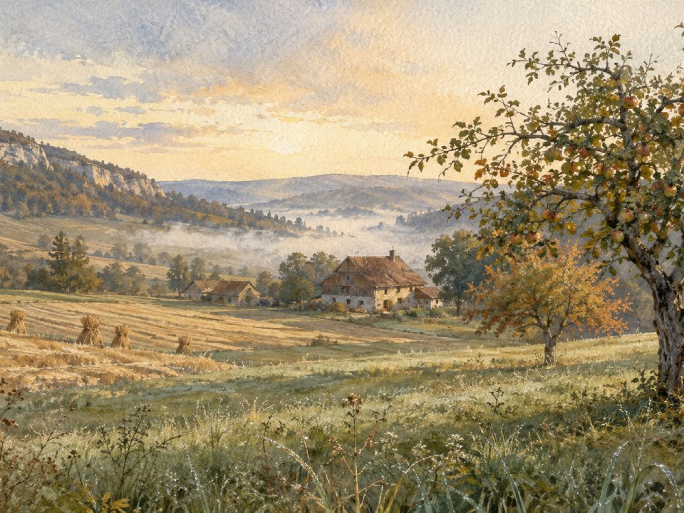 Aquarelllandschaft eines Bauernhauses in einem nebligen Tal bei Sonnenaufgang, mit Feldern, Bäumen und einem Apfelbaum im Vordergrund. Sanfte Hügel und ein bewölkter Himmel vermitteln die stille Schönheit eines Sommermorgens am Bartholomäus-Tag und fangen den beschaulichen Charme dieses besonderen Tages auf dem Land ein. Aquarelllandschaft eines Bauernhauses in einem nebligen Tal bei Sonnenaufgang, mit Feldern, Bäumen und einem Apfelbaum im Vordergrund. Sanfte Hügel und ein bewölkter Himmel vermitteln die stille Schönheit eines Sommermorgens am Bartholomäus-Tag und fangen den beschaulichen Charme dieses besonderen Tages auf dem Land ein.