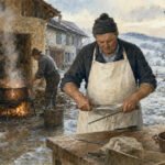 Ein älterer Mann schärft im Winter an einer Werkbank im Freien ein Messer, während zwei Männer neben einem rustikalen Steinhaus einen großen Topf über dem Feuer bewachen – der Duft von Majoran vermischt sich mit dem Rauch, der in die klare Luft aufsteigt. Schnee bedeckt den Boden und die fernen Hügel.