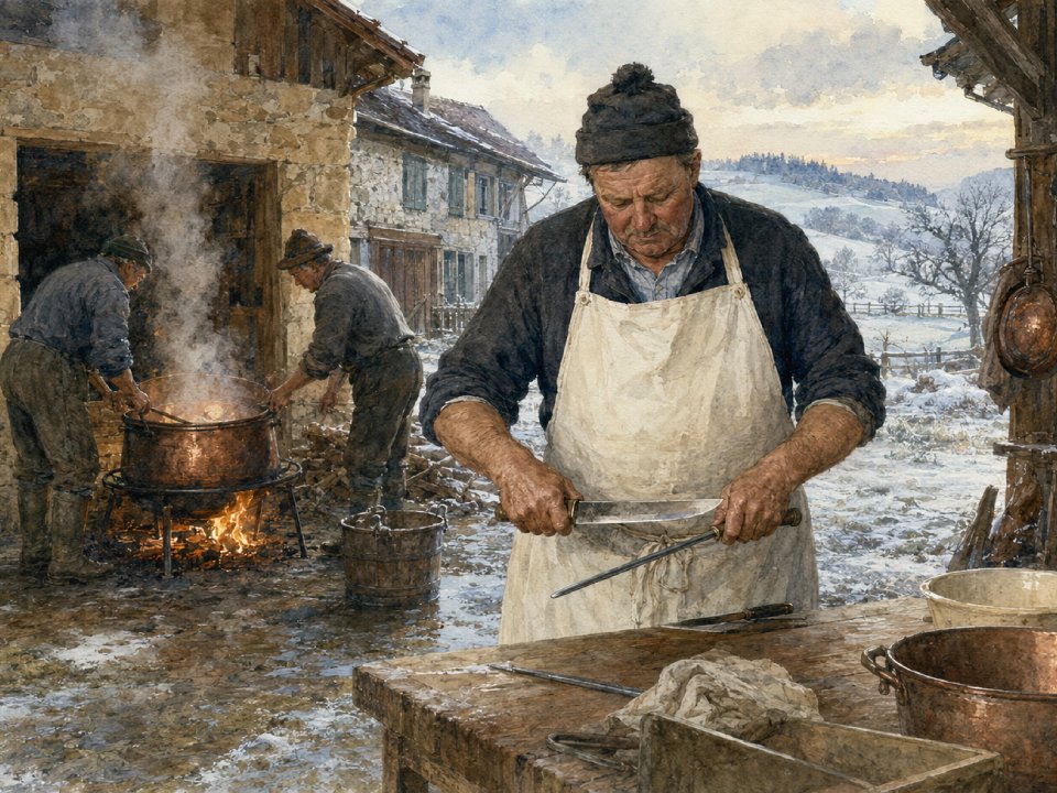 Ein älterer Mann schärft im Winter an einer Werkbank im Freien ein Messer, während zwei Männer neben einem rustikalen Steinhaus einen großen Topf über dem Feuer bewachen – der Duft von Majoran vermischt sich mit dem Rauch, der in die klare Luft aufsteigt. Schnee bedeckt den Boden und die fernen Hügel. Ein älterer Mann schärft im Winter an einer Werkbank im Freien ein Messer, während zwei Männer neben einem rustikalen Steinhaus einen großen Topf über dem Feuer bewachen – der Duft von Majoran vermischt sich mit dem Rauch, der in die klare Luft aufsteigt. Schnee bedeckt den Boden und die fernen Hügel.