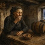 Eine ältere Frau in altmodischer Kleidung sitzt an einem rustikalen Holztisch im „Kätters Hof“ und nippt an einer Tasse, die neben einem kleinen Fass und einer Schüssel mit Brot steht – in einem schwach beleuchteten Raum mit einem Kamin und einem Fenster, durch das man eine kühle Landschaft im Freien sieht.