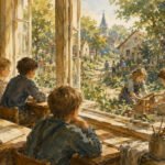Kinder in einem Schulklassenzimmer beobachten andere Kinder, die draußen in einem sonnendurchfluteten Garten spielen und etwas bauen – umgeben von Blumen, Bäumen und Dorfhäusern unter einem strahlenden Himmel. Die Atmosphäre ist lebhaft und nostalgisch und fängt die einfachen Freuden des wirklichen Lebens ein.