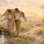 Ein Mann und eine Frau – zwei Menschen – spazieren bei Sonnenuntergang an einem Bach entlang und teilen sich einen Schal über ihren Köpfen. Die Landschaft ist in warmes, goldenes Licht getaucht, mit sanften Hügeln, Wildblumen und zarten Wolken am Himmel, als spiegele sie die Wärme ihrer Seele füreinander wider.