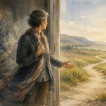 Eine Person steht in einer Türöffnung und blickt auf eine sonnenbeschienene Landschaft und einen gewundenen Pfad; eine Hand ist ausgestreckt, als wolle sie einladen oder bereit sein, nach draußen zu treten. Die Szene ist in sanften, warmen Aquarelltönen gemalt und vermittelt ein Gefühl der Selbstentfaltung und der sanften Auflösung innerer Blockaden.