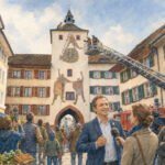 Auf einem europäischen Stadtplatz in der Nähe des berühmten Törli-Uhrturms versammeln sich Menschen. Ein Nachrichtenteam interviewt einen lächelnden Mann, der vor Ort als „Katzenretter“ bekannt ist, während Feuerwehrleute auf einer Leiter hoch oben am Turm arbeiten. Die Szene ist lebhaft, mit geschäftigen Marktständen und neugierigen Schaulustigen.