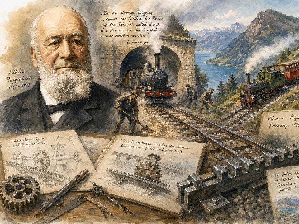 Porträt von Nikolaus Riggenbach, einem visionären Mann der Eisenbahn, umgeben von historischen Zügen, einem Bahntunnel und malerischen Bergen. Technische Zeichnungen und Ingenieurwerkzeuge veranschaulichen seine bahnbrechenden Innovationen im Bereich der Zahnradbahnen. Ein deutscher Text mit Daten verweist auf seine Errungenschaften.