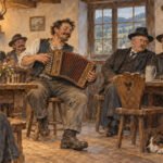 Ein fröhlicher Mann spielt in einer urigen Kneipe Akkordeon, während andere zusehen und lächeln – vielleicht lassen sie sich sogar von der ausgelassenen Stimmung eines Oberdörfer Suffmarsches mitreißen. Ein Hund ruht sich auf dem Holzboden aus, und durch das Fenster des gemütlichen, warm beleuchteten Raums sind Berge zu sehen.