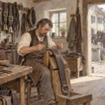 Ein Mann in einer Lederschürze repariert einen Lederriemen an einem Geschirr in einer rustikalen Werkstatt, die voller Werkzeuge und Sättel ist. Sonnenlicht fällt durch eine offene Tür herein, hinter der draußen Pferde und ein Brunnen zu sehen sind, was die Geschichte des traditionellen Handwerks und der Pferdestärken direkt hinter der Schwelle heraufbeschwört.