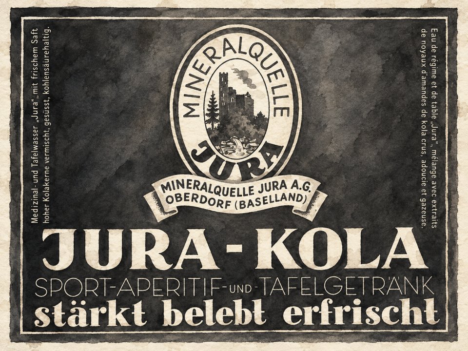 Schwarz-weißes Jurasan-Etikett im Vintage-Stil für Jura-Kola, mit einer Illustration einer Burg und eines Brunnens in einem ovalen Logo sowie Produktbeschreibungen auf Deutsch und Französisch an den Seiten.