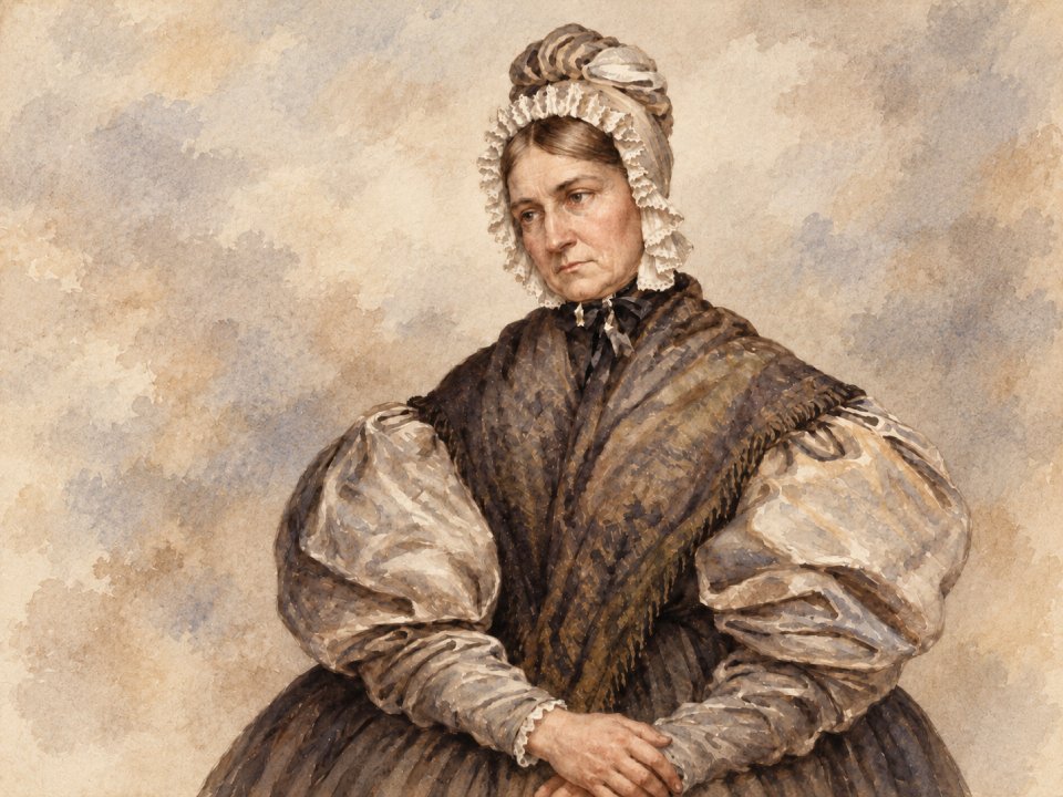 Aquarellporträt einer Frau mit Haube und dunklem Schal, das an die Geschichte der Drahtzugmühle erinnert.
