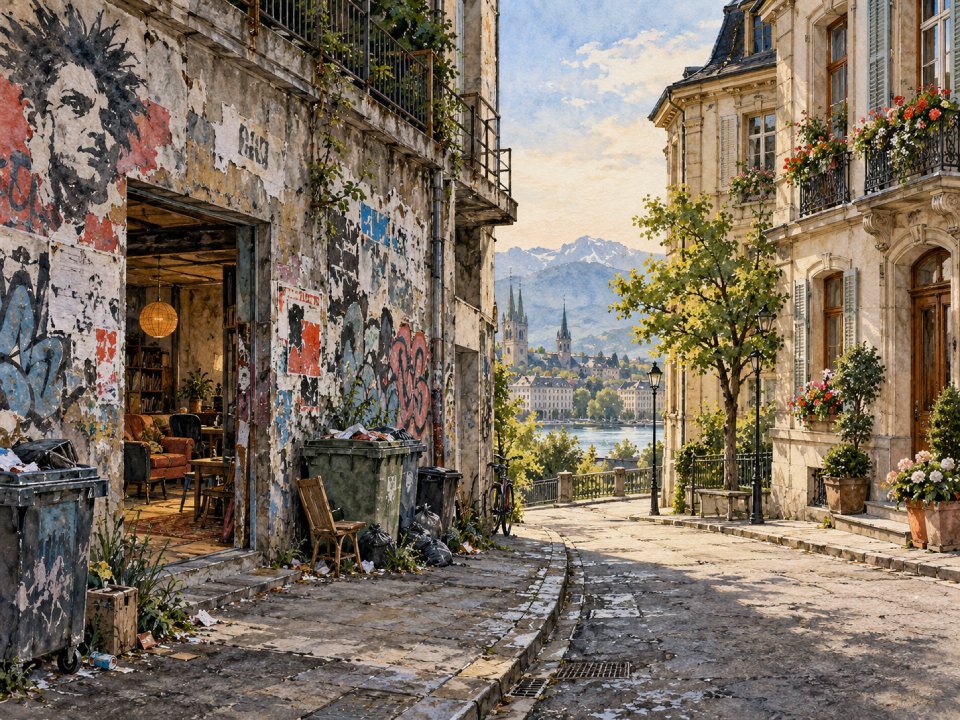 Eine Kopfsteinpflasterstraße bildet den Kontrast zwischen einem verwitterten, mit Graffiti übersäten Gebäude, das die urbane Ästhetik widerspiegelt, und einem makellosen, mit Blumen geschmückten Gebäude mit Blick auf einen See und die Berge.