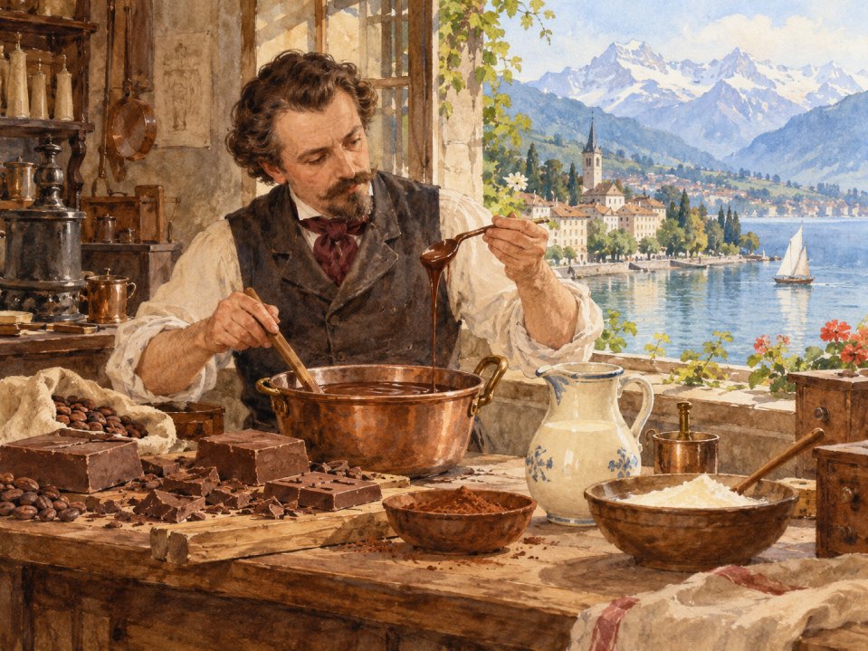 Ein Mann mit Schnurrbart rührt in einem mit Kuriositäten gefüllten Atelier in einem Kupfertopf mit geschmolzener Schokolade um, während im Hintergrund ein See, eine Stadt und Berge zu sehen sind. Ein Mann mit Schnurrbart rührt in einem mit Kuriositäten gefüllten Atelier in einem Kupfertopf mit geschmolzener Schokolade um, während im Hintergrund ein See, eine Stadt und Berge zu sehen sind.