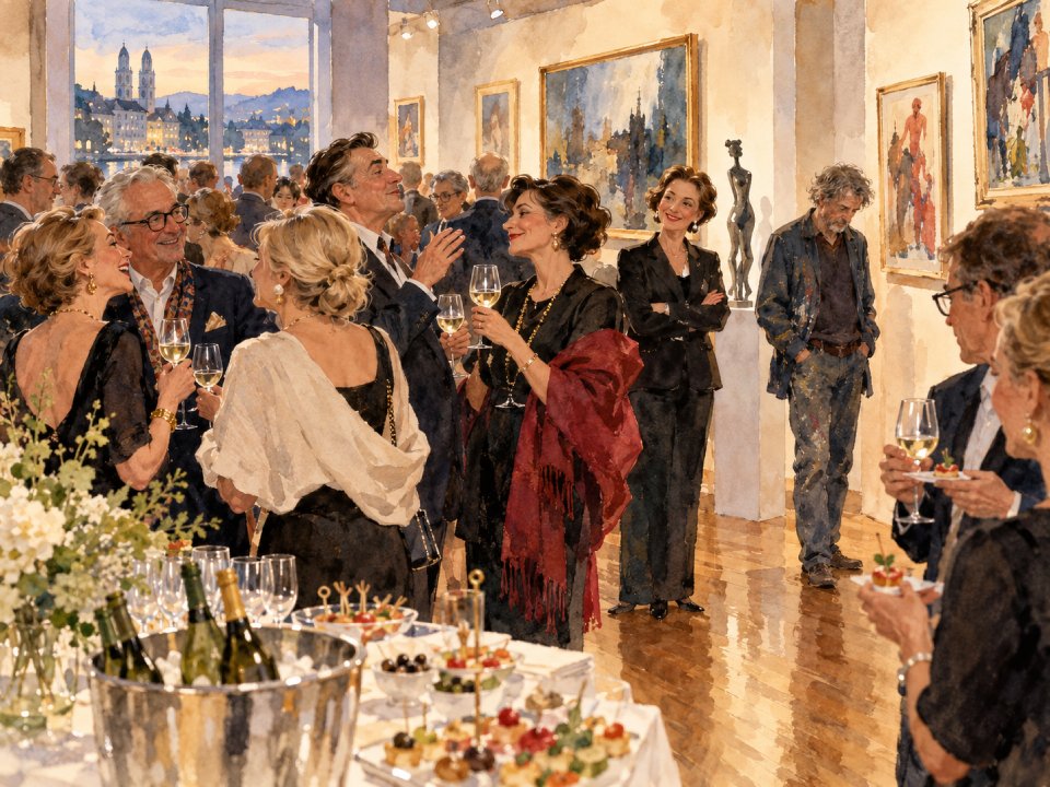 Sponsoren und Förderer in eleganter Kleidung unterhalten sich bei einer Vernissage in einer Kunstgalerie bei einem Glas Wein und genießen den Blick auf die Skyline der Stadt bei Sonnenuntergang. Sponsoren und Förderer in eleganter Kleidung unterhalten sich bei einer Vernissage in einer Kunstgalerie bei einem Glas Wein und genießen den Blick auf die Skyline der Stadt bei Sonnenuntergang.