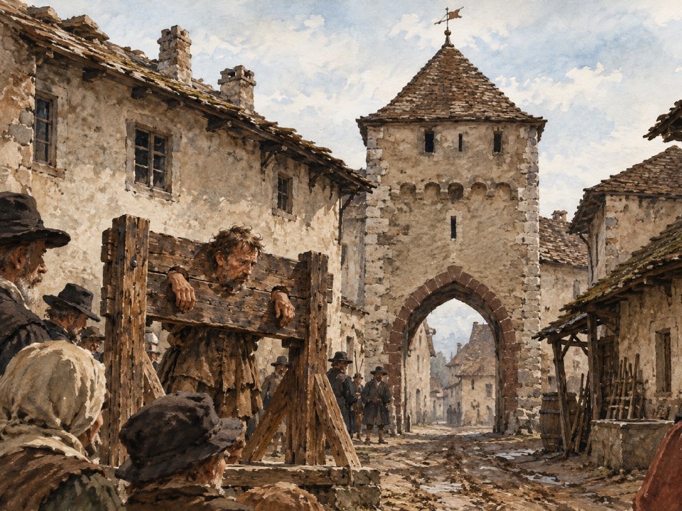 Eine mittelalterliche Dorfszene zeigt einen Mann im Holzstock, umringt von Dorfbewohnern. Steinhäuser und ein Torbogen mit Türmchen säumen die unbefestigte Straße und lassen die historische Atmosphäre von Tschoppenhof und seine Täuferwurzeln aufleben.